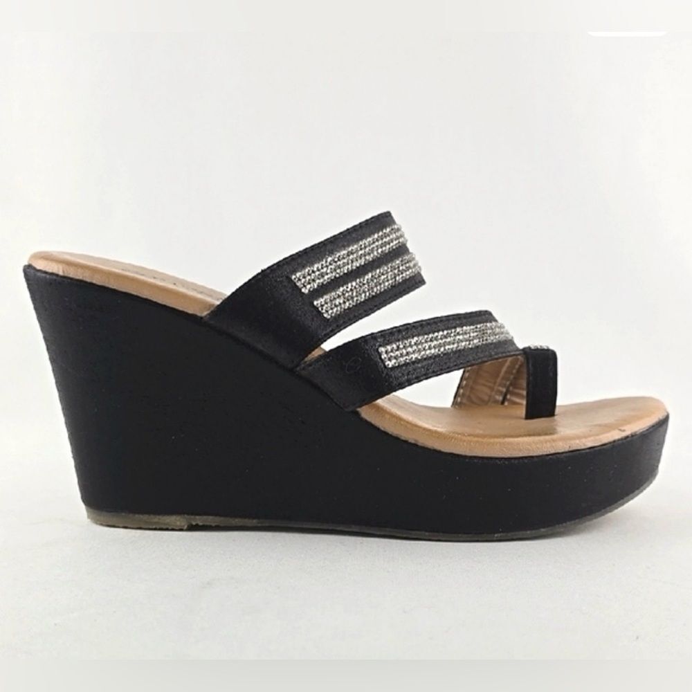 Patrizia Spring Step Glowgaze Black Silver Rhinestone Strap Slip On Wedge Sandal